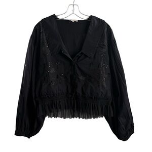 ALIVIA SIZE MEDIUM BLACK EMBELLISHED LONG SLEEVE BUTTON FRONT COTTON BLOUSE